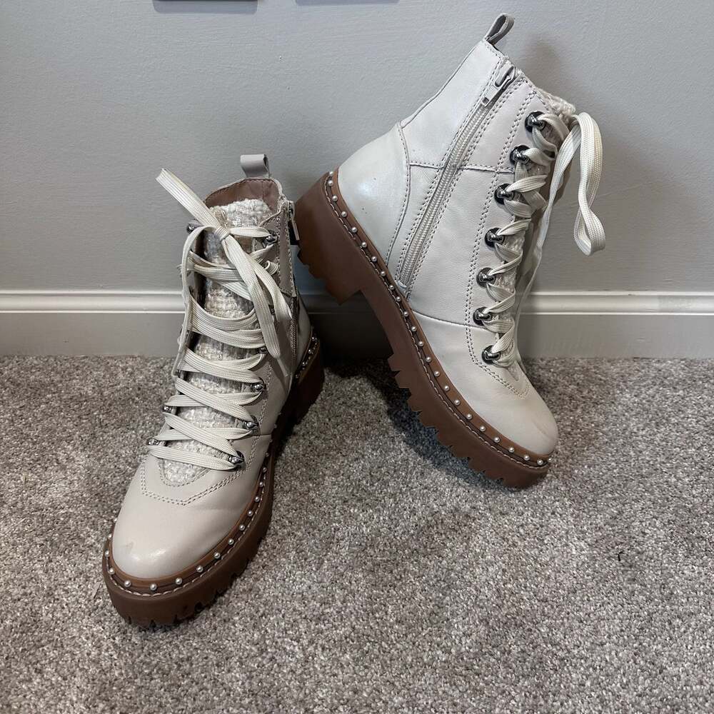 Steve Madden Rainier Leather Bone White Combat Boots with Pearl Stud Trim, Sz 8
